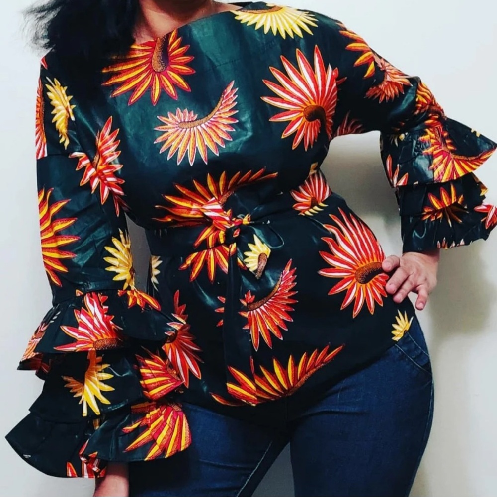 BNWOT! Ankara Print Long Ruffle/Sleeve Blouse